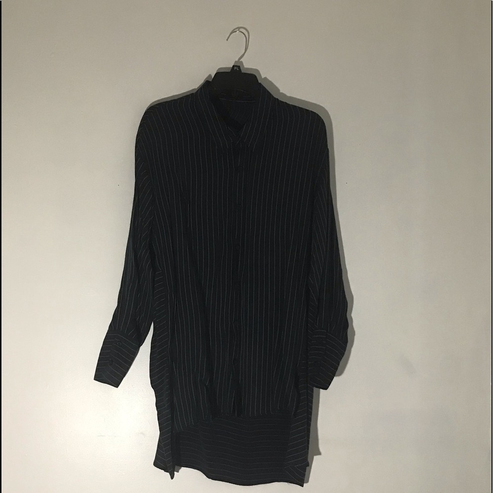 Dark blue and white striped button down